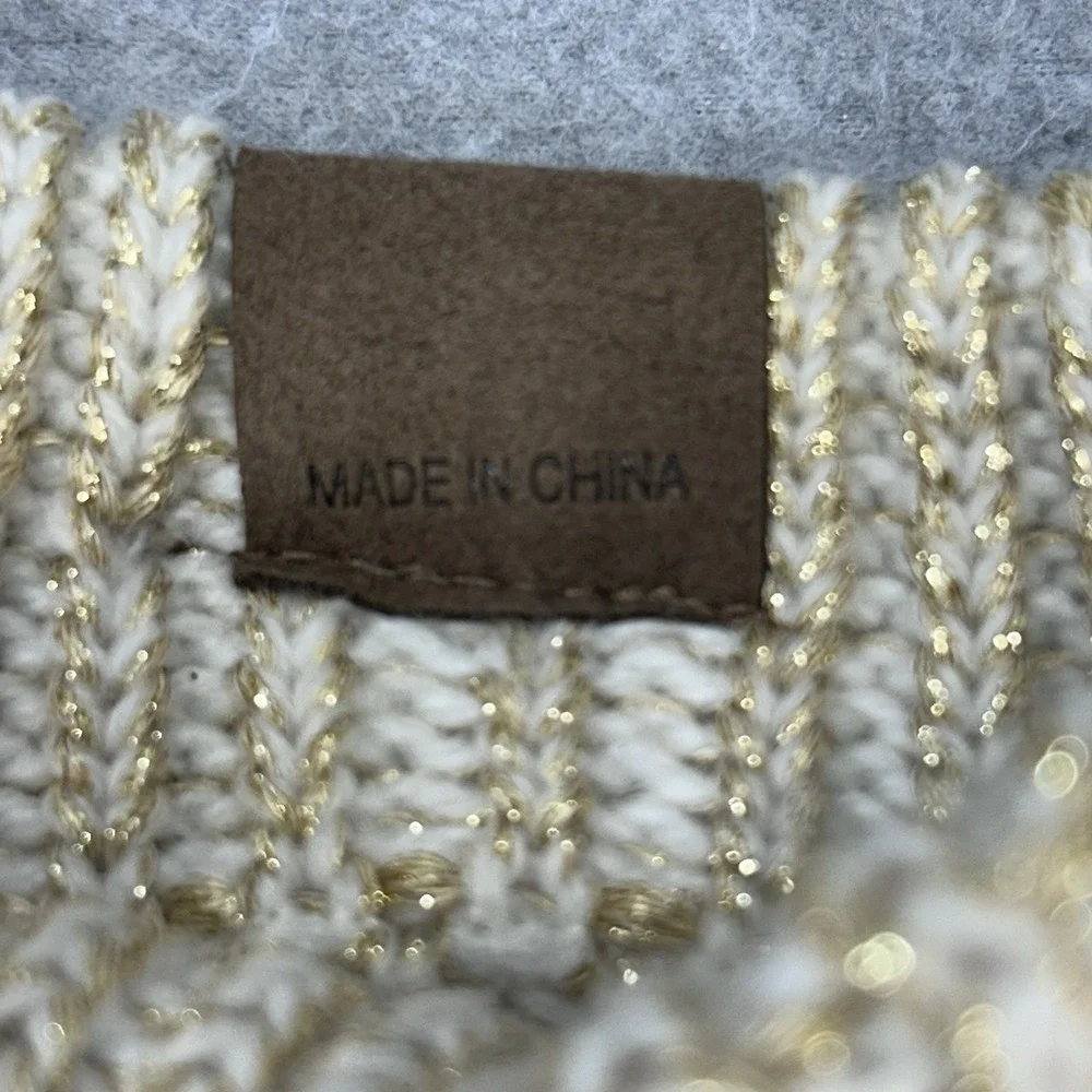 C.C Exclusives Knit Beanie Hat Cream Gold Metallic Acrylic One Size Women